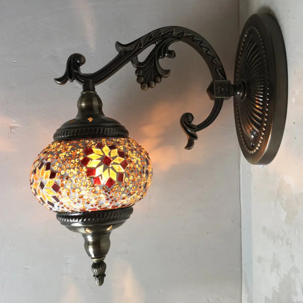 Vintage 1 Bulb Wall Sconce With Global Glass Shade For Stairway Tan