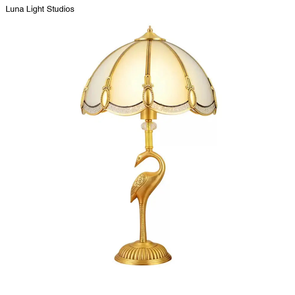 Vintage 1-Light Night Lamp With Frosted Glass Shade And Bird Pedestal In Polished Brass For Bedroom