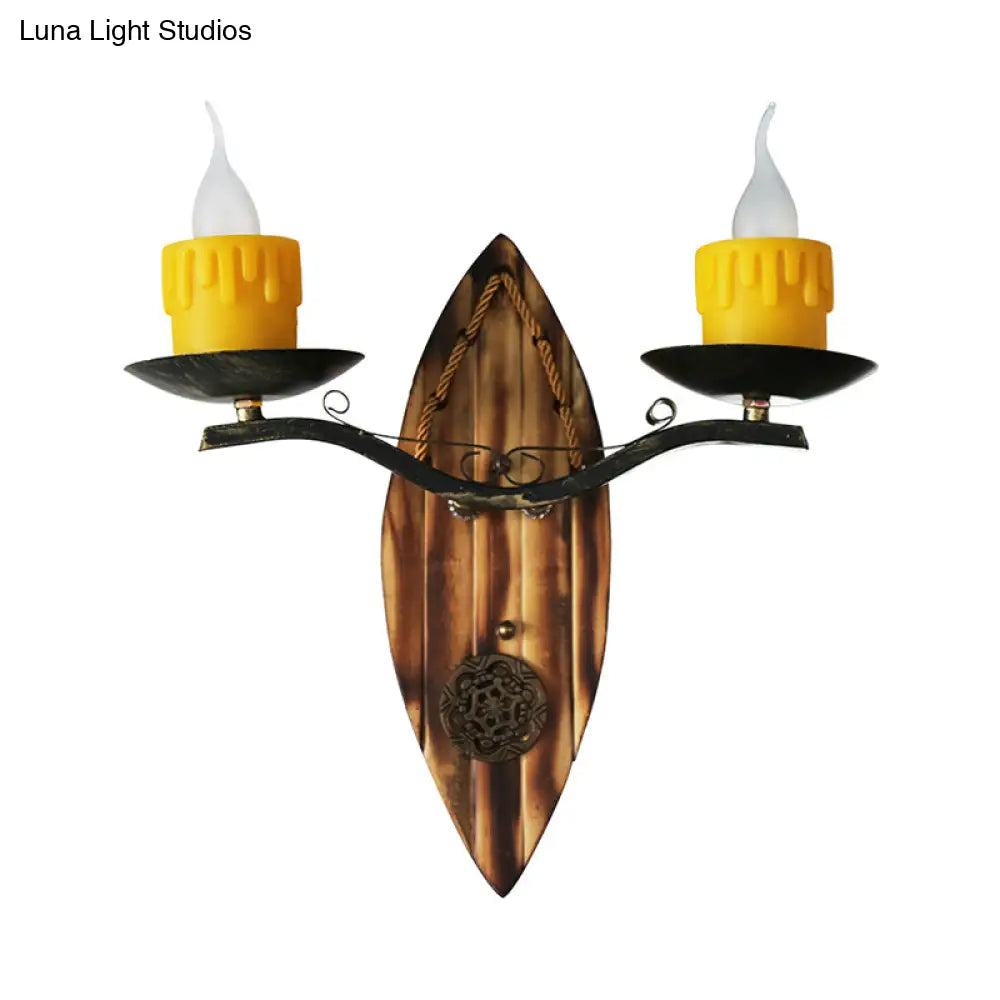 Vintage 2-Light Candle Sconce With Wood Backplate In Black Resin Wall Mount