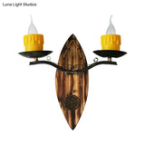 Vintage 2-Light Candle Sconce With Wood Backplate In Black Resin Wall Mount