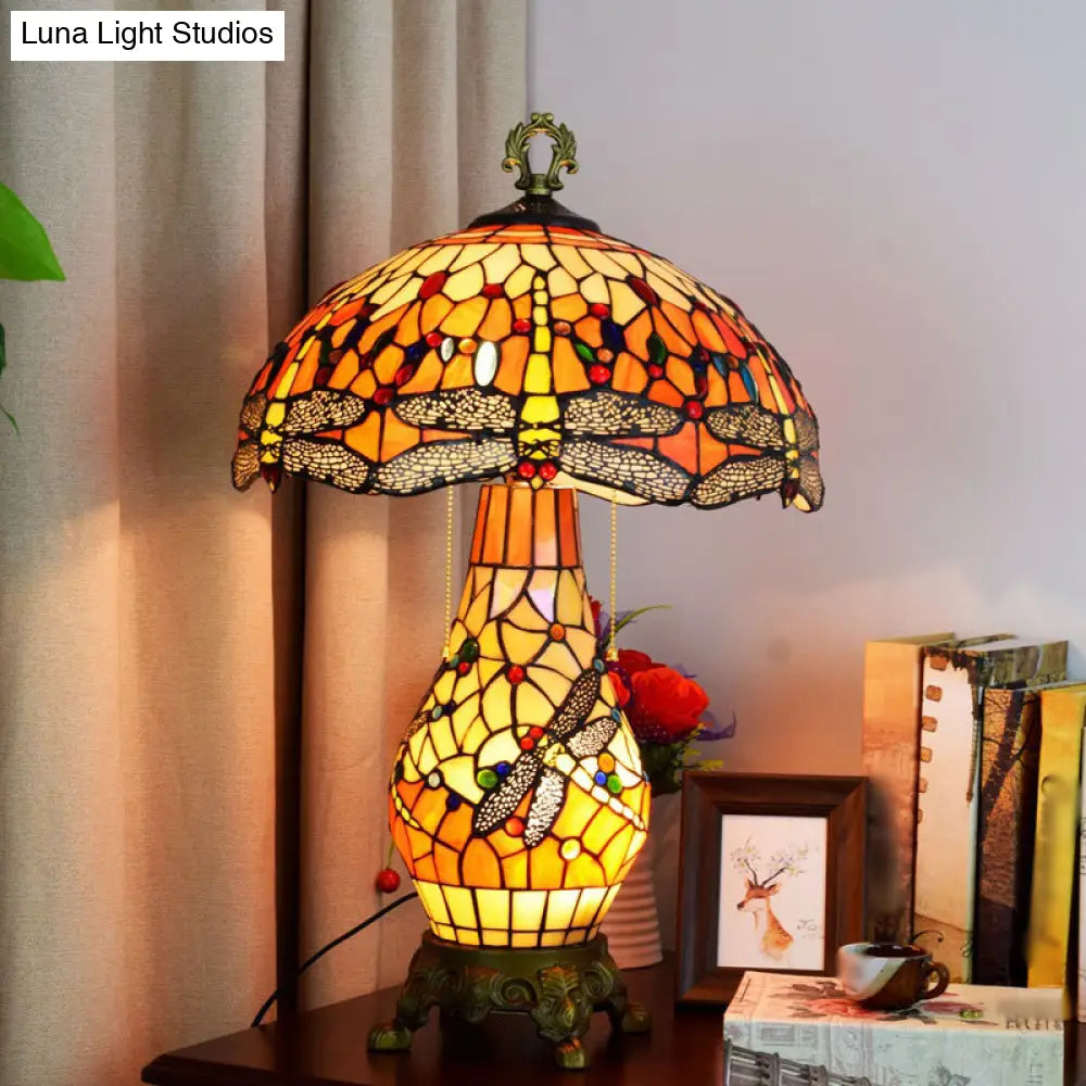 Vintage 3-Bulb Mushroom Nightstand Lamp - Orange Stained Glass Table Light With Dragonfly Pattern