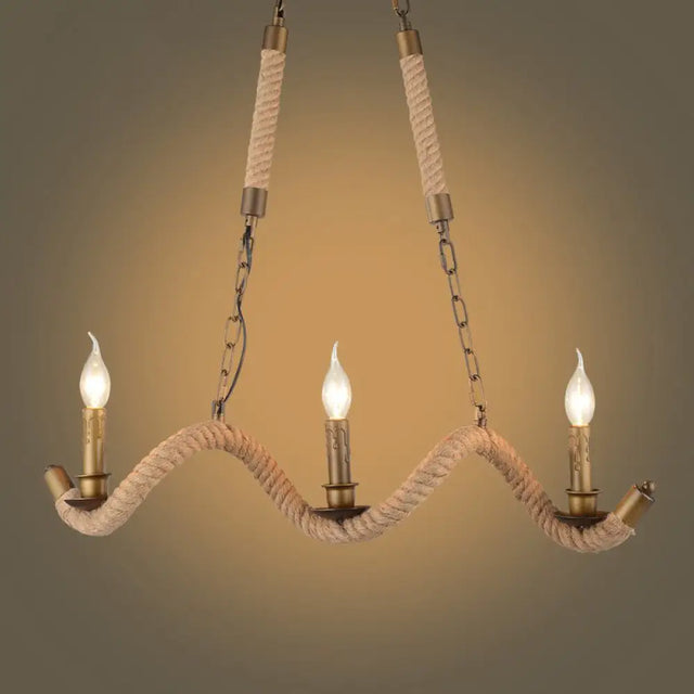 Vintage 3-Head Island Pendant Light: Candlestick Iron Ceiling Fixture With Hemp Rope - Flaxen Finish