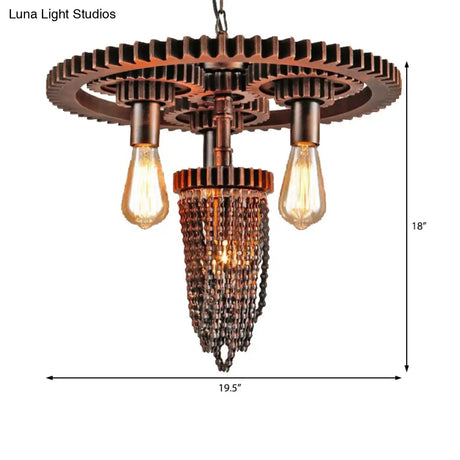 Vintage 3-Head Metal Gear Hanging Chandelier - Rustic Restaurant Ceiling Pendant