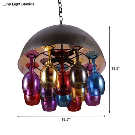 Vintage 4-Light Dome Iron Hanging Chandelier: Restaurant Pendant Lamp In Black With Colorful Wine