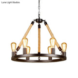 Vintage 6/8-Light Metallic Circular Hanging Lamp In Brown With Exposed Bulb & Rope Suspension For