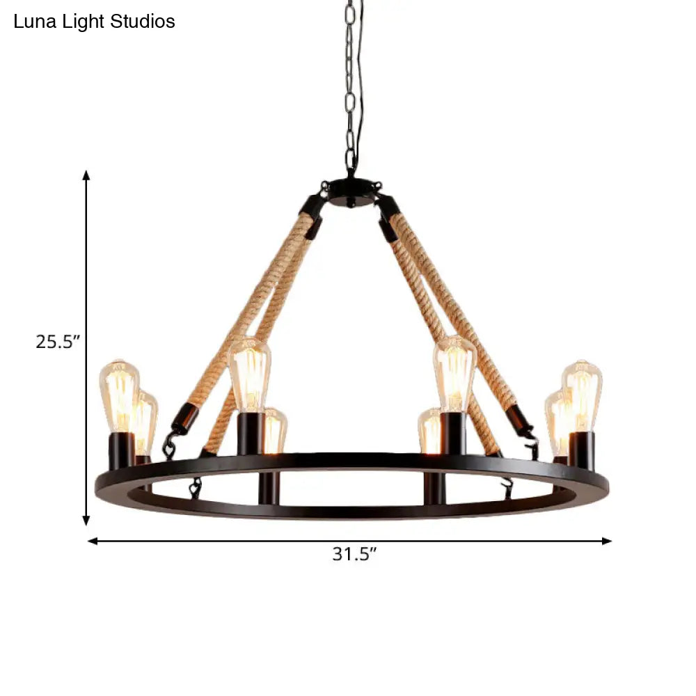 Vintage 6/8-Light Metallic Circular Hanging Lamp In Brown With Exposed Bulb & Rope Suspension For