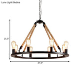 Vintage 6/8-Light Metallic Circular Hanging Lamp In Brown With Exposed Bulb & Rope Suspension For