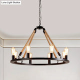 Vintage 6/8-Light Metallic Circular Hanging Lamp In Brown With Exposed Bulb & Rope Suspension For