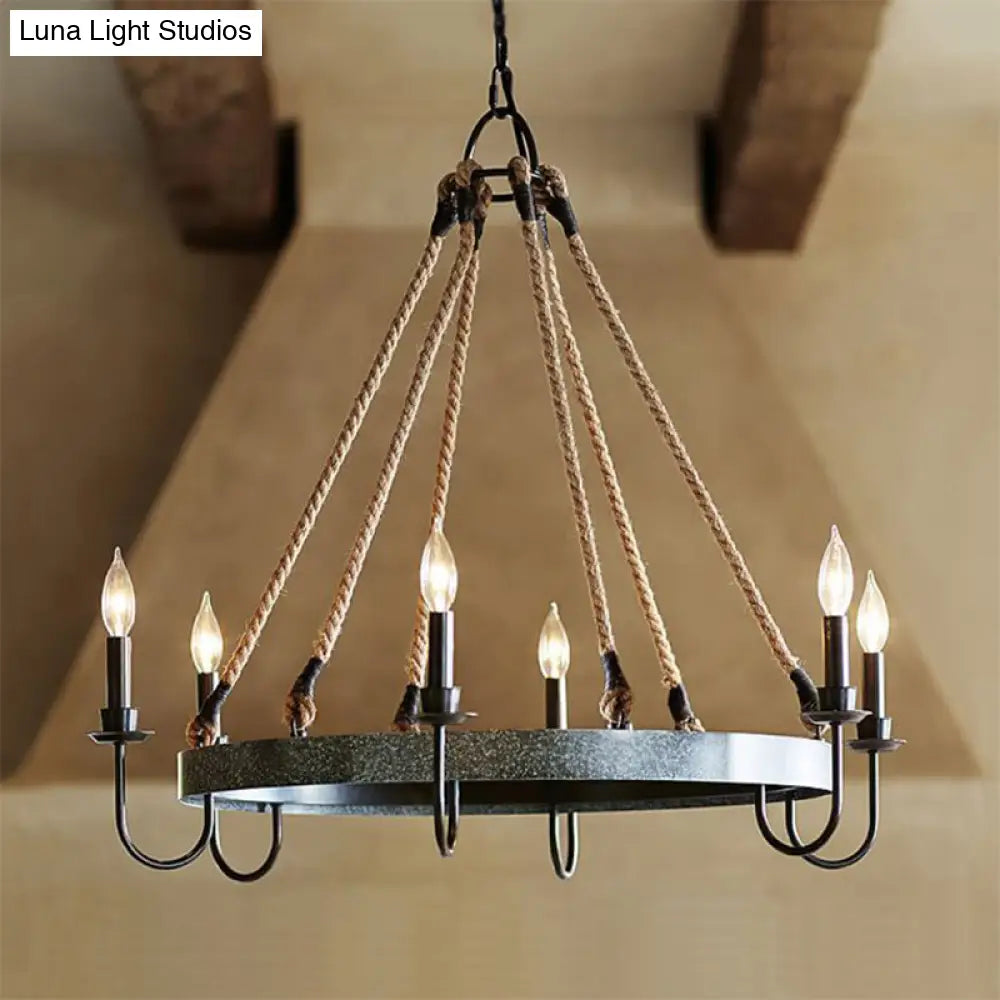 Vintage 6-Head Candle Chandelier Pendant Lamp In Black/Rust For Restaurants