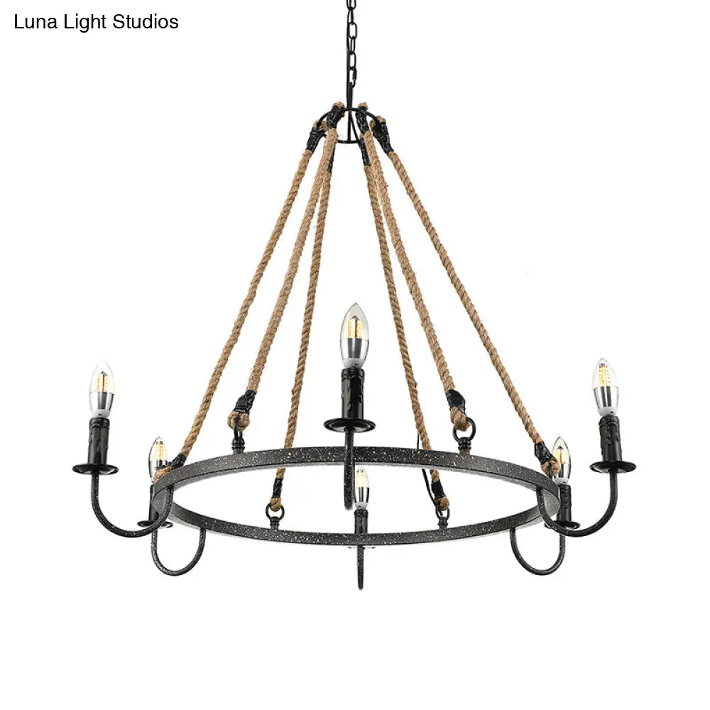Vintage 6-Head Candle Chandelier Pendant Lamp In Black/Rust For Restaurants