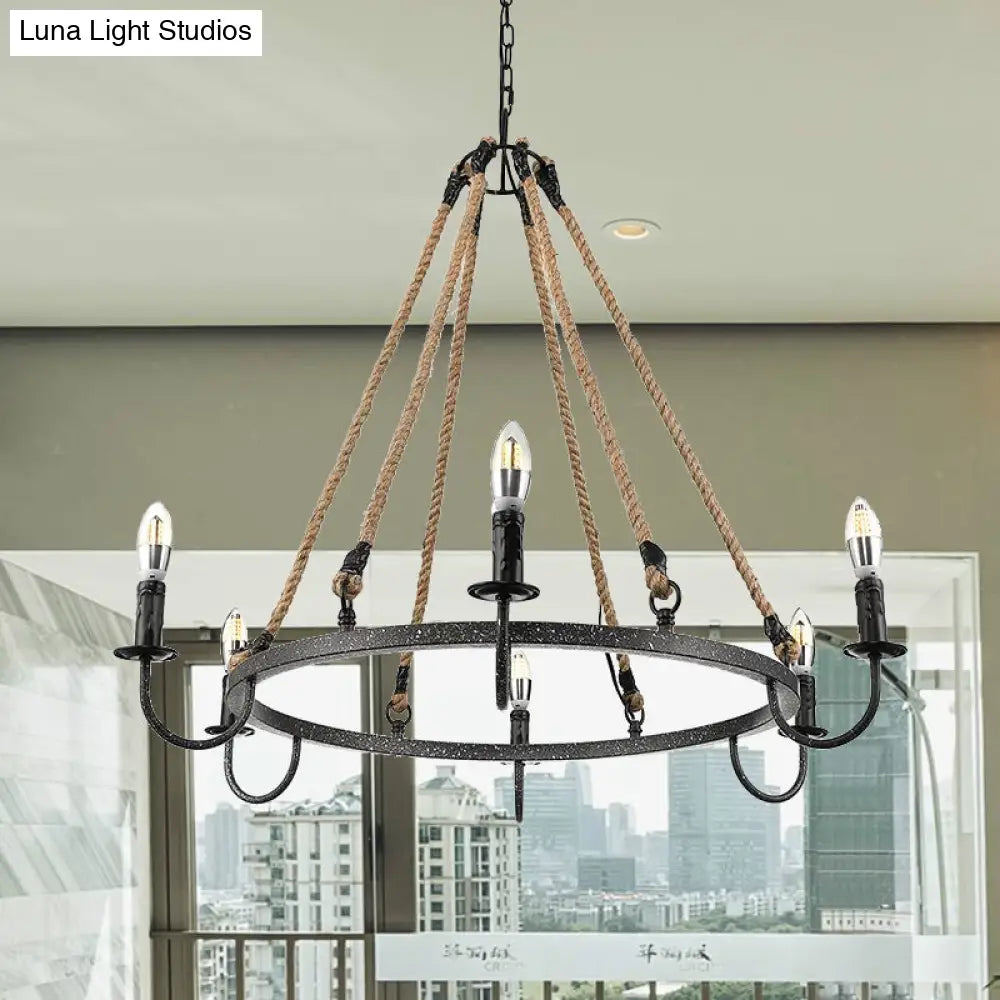 Vintage 6-Head Candle Chandelier Pendant Lamp In Black/Rust For Restaurants