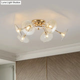 Vintage 6 - Light Ceiling Lamp With Metal Brass Branchlet Design And Flare Green/Cognac Glass Shade