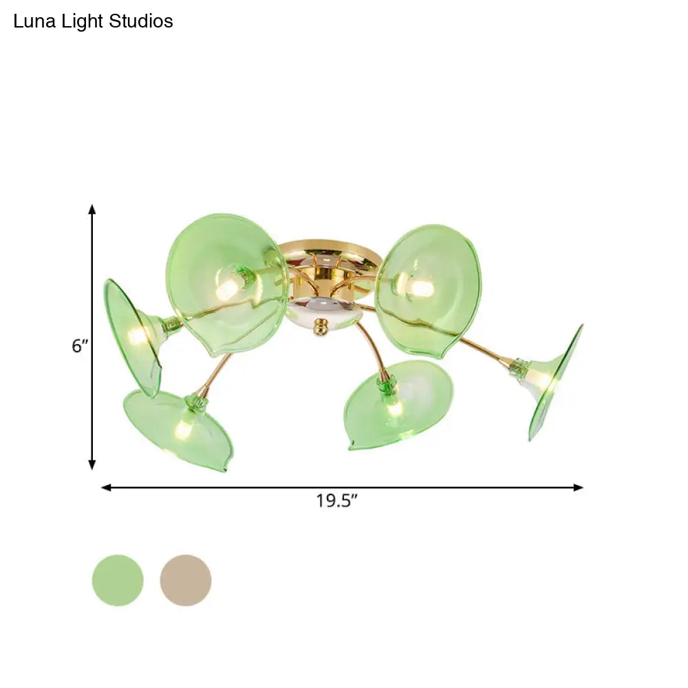 Vintage 6 - Light Ceiling Lamp With Metal Brass Branchlet Design And Flare Green/Cognac Glass Shade