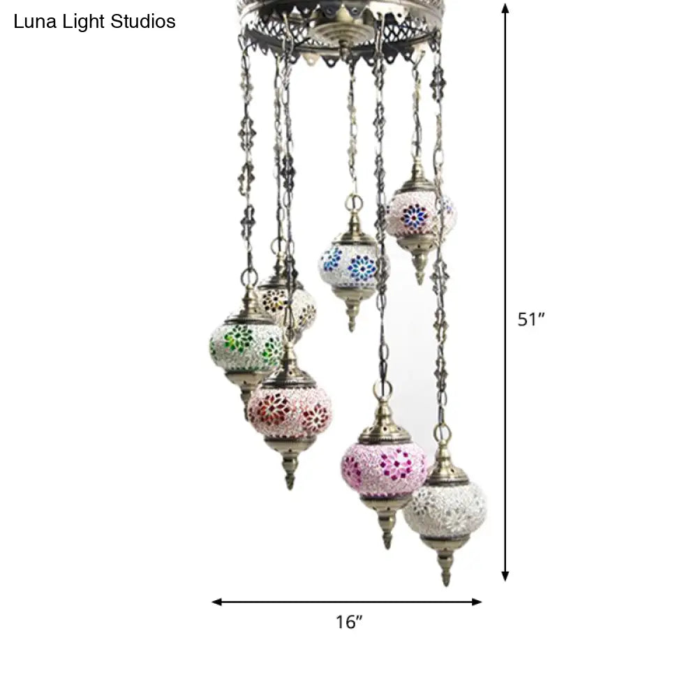 Vintage 7-Bulb Globe Glass Pendant Ceiling Chandelier In Bronze Finish