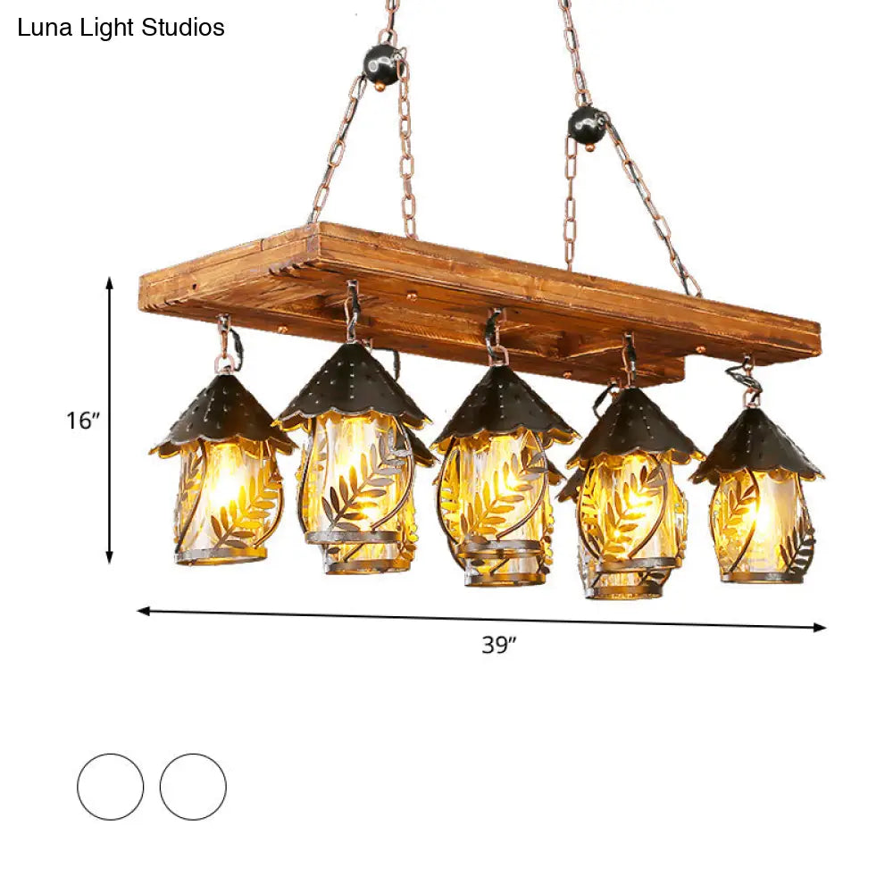 Vintage 8-Light Island Pendant Chandelier In Black: Rectangle White Fabric & Clear Glass