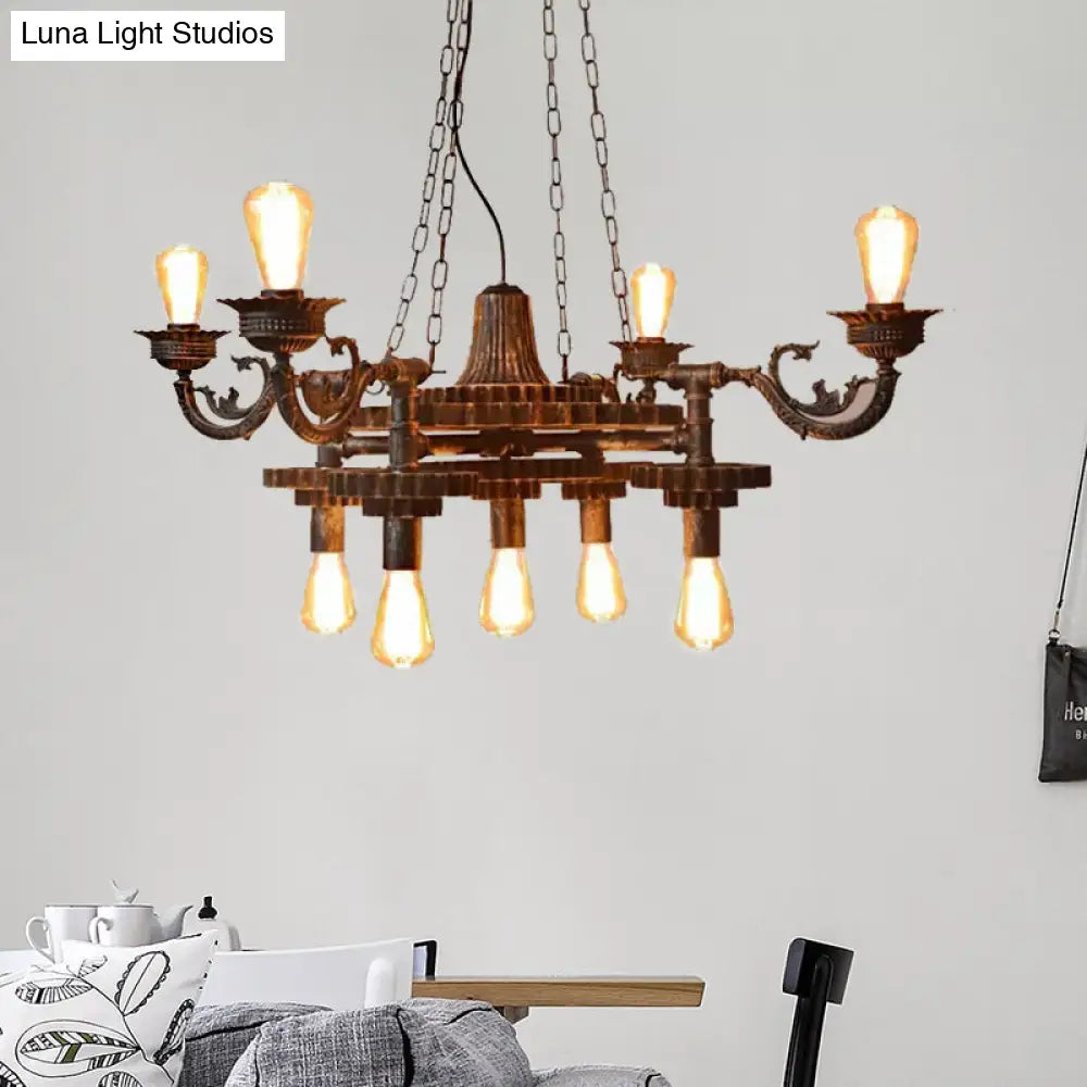 Vintage 9-Light Bronze Chandelier With Exposed Bulbs For Dining Room