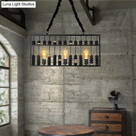Vintage Abacus Pendant Ceiling Fixture - Metal Black 3 Bulbs Hanging Lamp For Restaurants