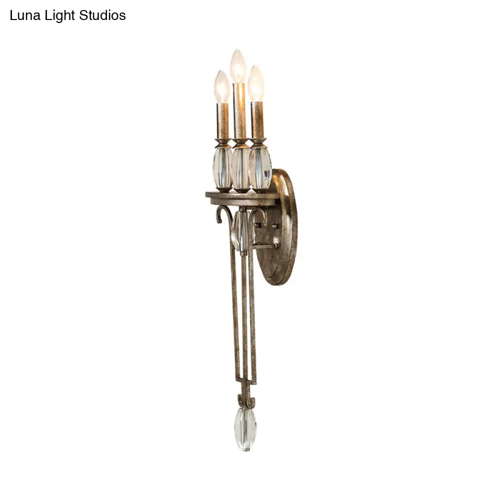 Vintage Aged Silver Candelabra Sconce With Crystal Drop - 3 Light Wall Mount Fixture
