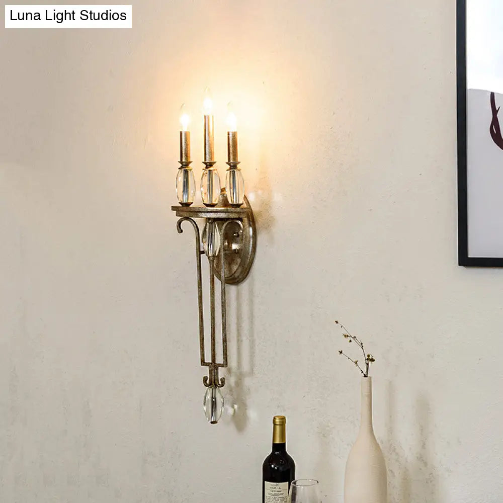 Vintage Aged Silver Candelabra Sconce With Crystal Drop - 3 Light Wall Mount Fixture