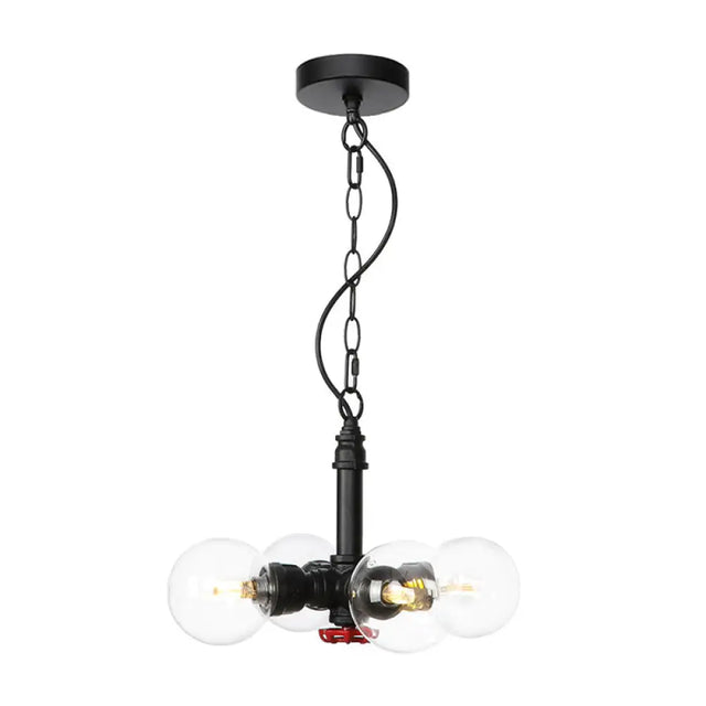 Vintage Amber/Clear Glass Chandelier Pendant Lamp - 4 Lights Global Black Hanging Ceiling Fixture