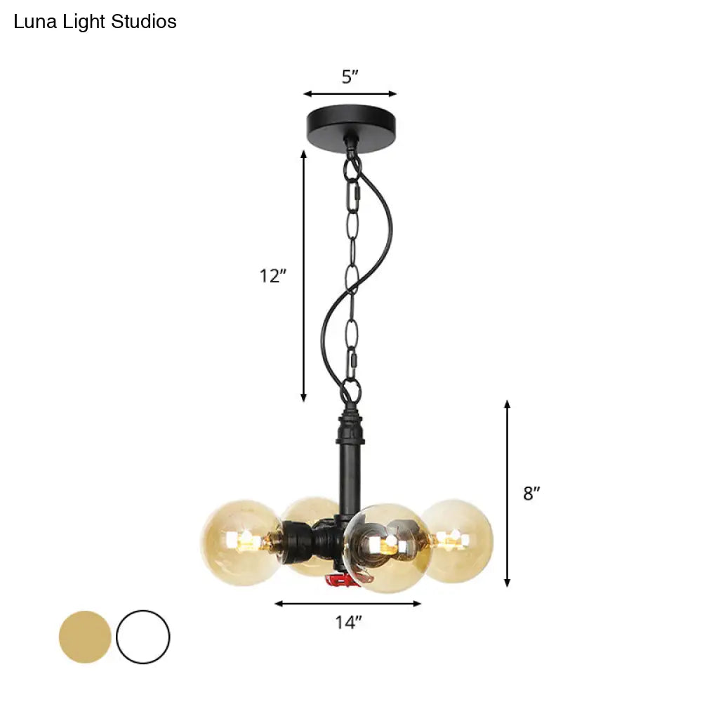 Vintage Amber/Clear Glass Chandelier Pendant Lamp - 4 Lights Global Black Hanging Ceiling Fixture