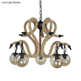 Vintage Amber Glass Ball Chandelier - 5-Light Pendant Lighting For Living Room With Rope Detail