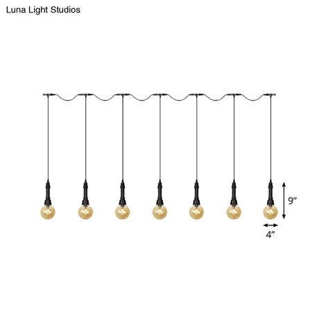Vintage Amber Glass Ball Pendant Lamp In Black - Tandem Led Ceiling Light 3/5/7-Light Coffee House