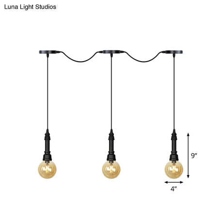 Vintage Amber Glass Ball Pendant Lamp In Black - Tandem Led Ceiling Light 3/5/7-Light Coffee House