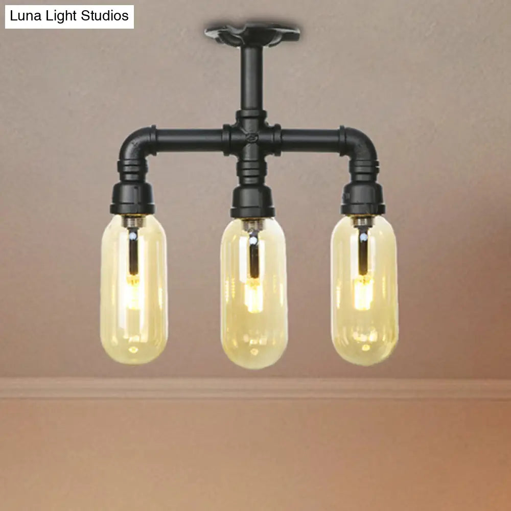 Vintage Amber Glass Ceiling Light With Matte Black Semi Flush Design - 3/4 Oval Shade