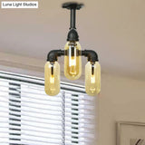 Vintage Amber Glass Ceiling Light With Matte Black Semi Flush Design - 3/4 Oval Shade