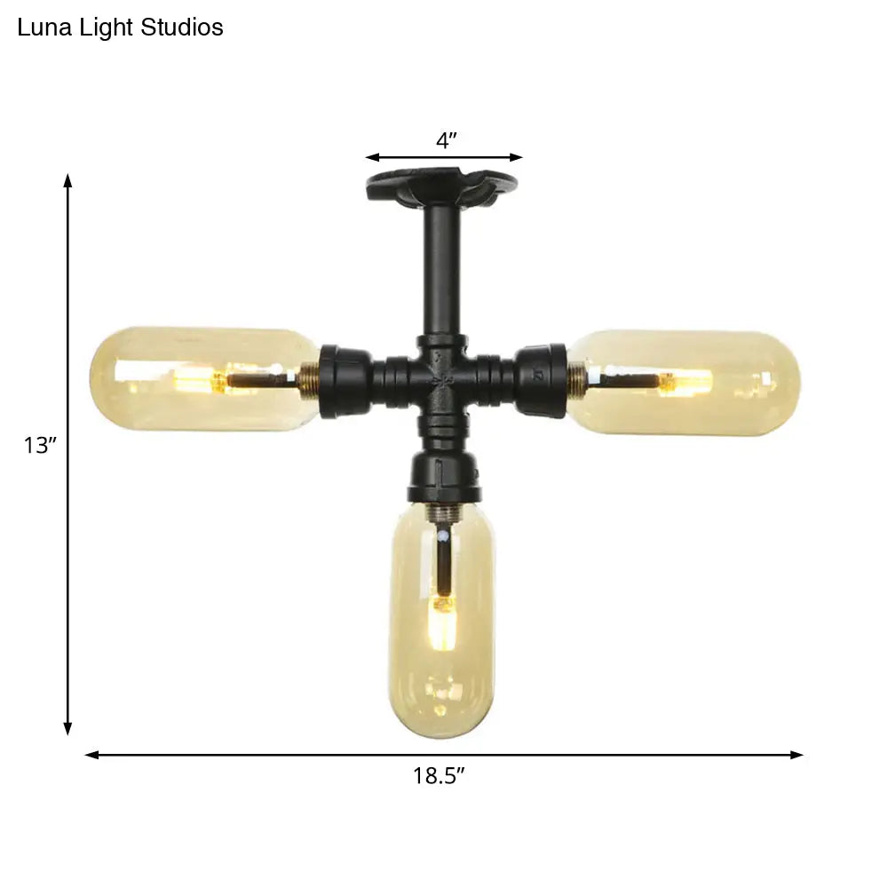 Vintage Amber Glass Ceiling Light With Matte Black Semi Flush Design - 3/4 Oval Shade