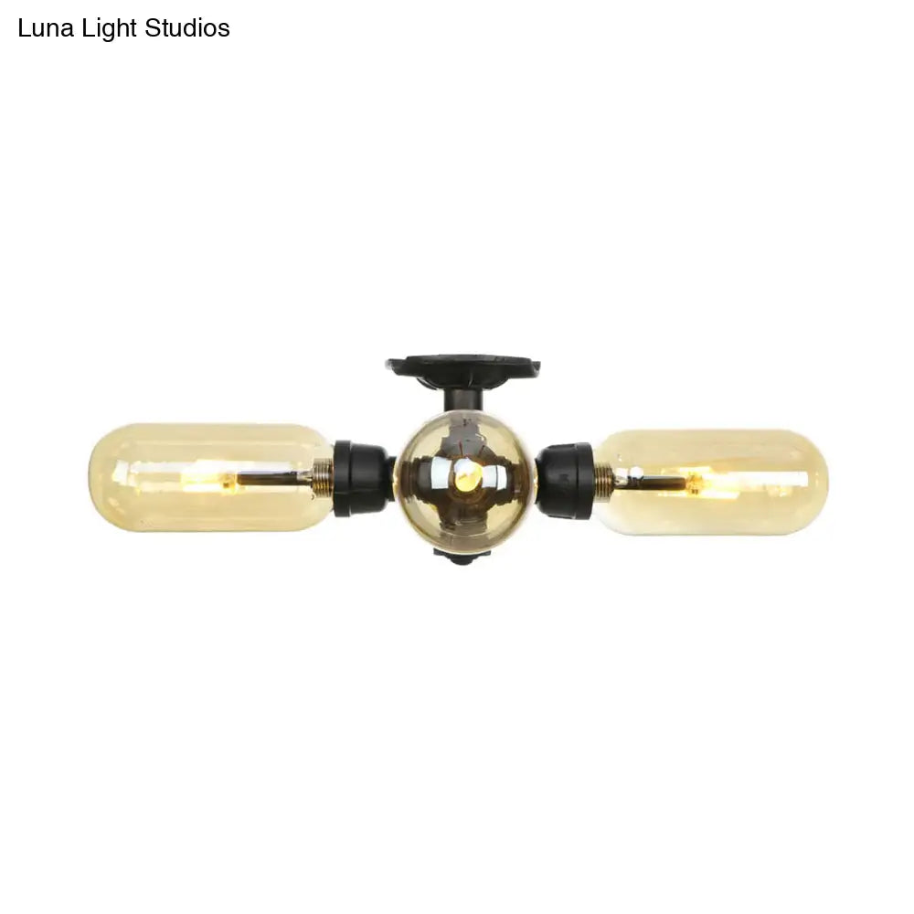 Vintage Amber Glass Ceiling Light With Matte Black Semi Flush Design - 3/4 Oval Shade
