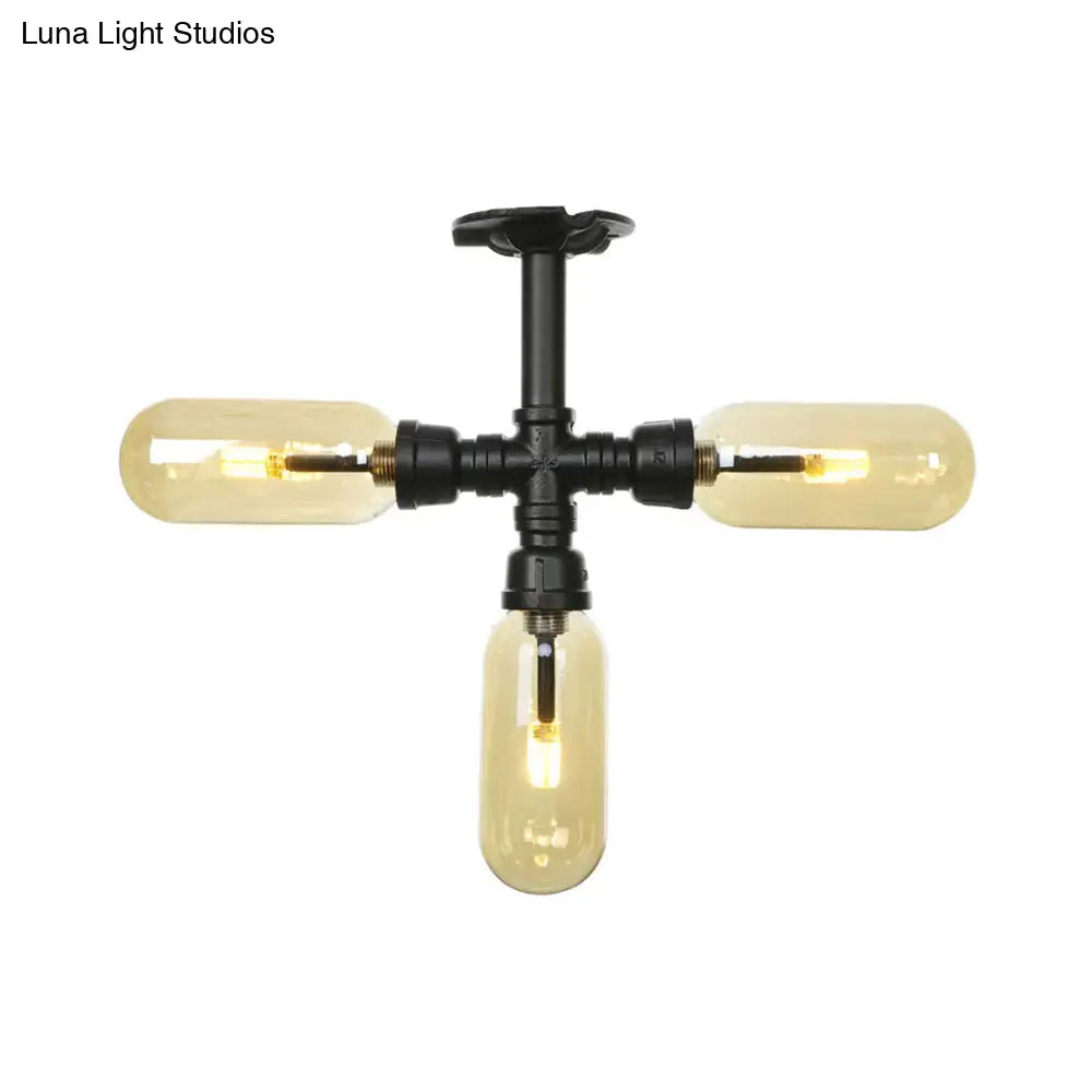Vintage Amber Glass Ceiling Light With Matte Black Semi Flush Design - 3/4 Oval Shade