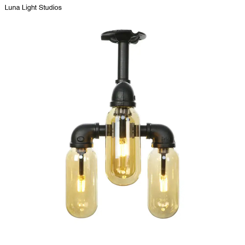 Vintage Amber Glass Ceiling Light With Matte Black Semi Flush Design - 3/4 Oval Shade