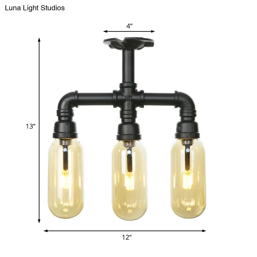 Vintage Amber Glass Ceiling Light With Matte Black Semi Flush Design - 3/4 Oval Shade
