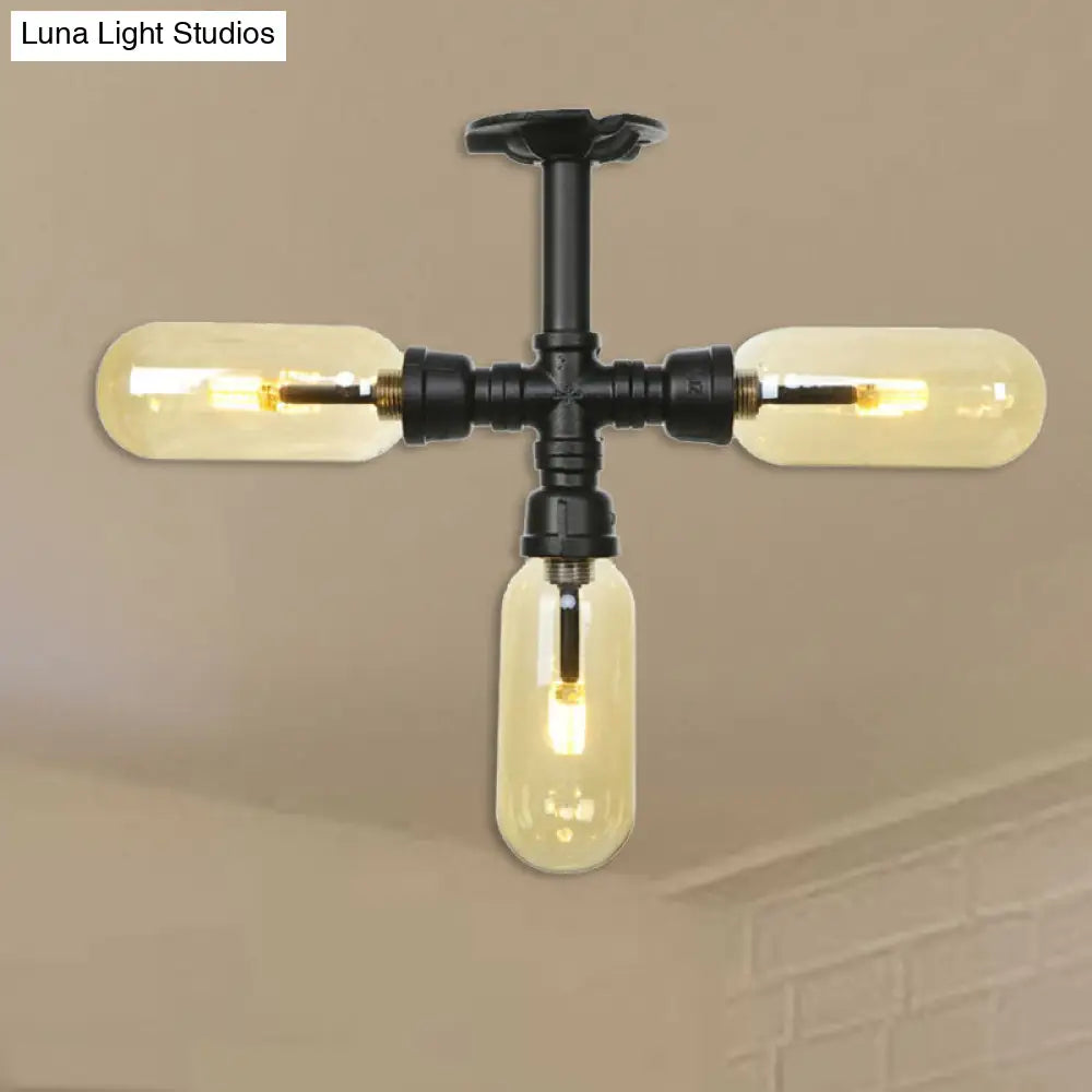 Vintage Amber Glass Ceiling Light With Matte Black Semi Flush Design - 3/4 Oval Shade