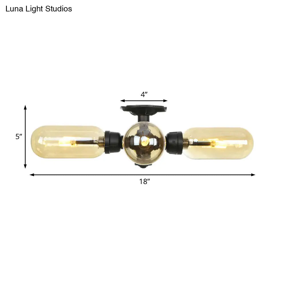 Vintage Amber Glass Ceiling Light With Matte Black Semi Flush Design - 3/4 Oval Shade