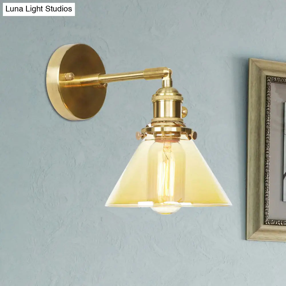 Vintage Amber Glass Conical Wall Sconce - 1-Light Rotatable Fixture For Foyer Lighting
