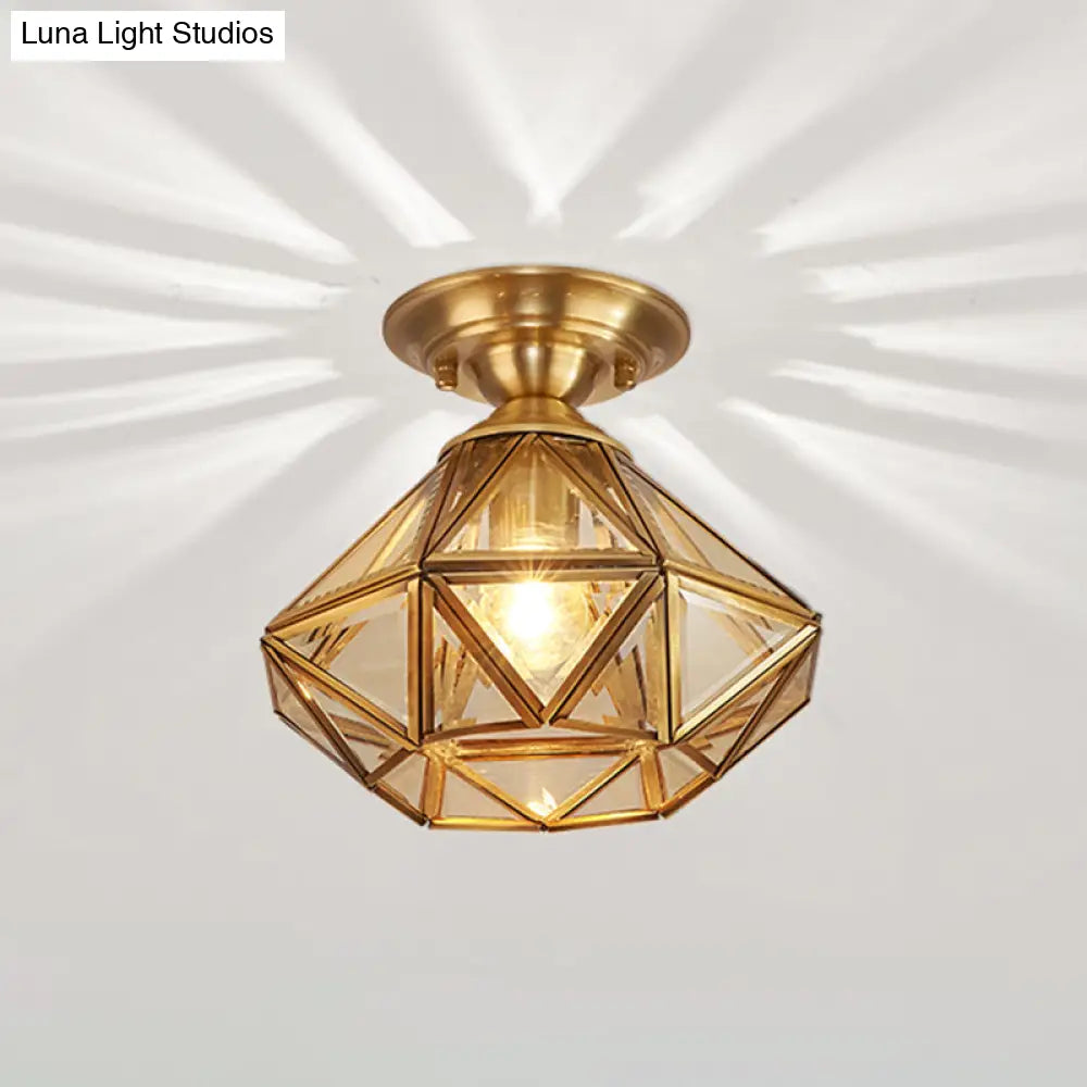 Vintage Amber Glass Diamond Flush Light With Brass Finish For Foyer Ceiling