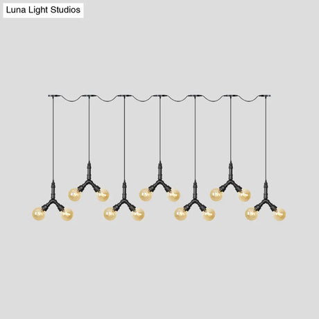 Vintage Amber Glass Swag Hanging Light Fixture - Led Multi Lamp Pendant With 6/10/14 Bulbs In Black