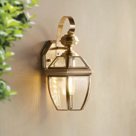 Vintage Antique Brass Wall Sconce Light With Transparent Glass - 1-Light Tapered Lamp For Outdoor