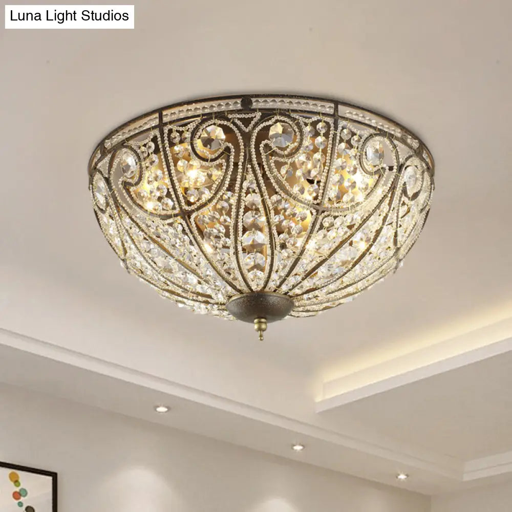 Vintage Antique Bronze Ceiling Light With Beveled Crystal And 3 - Bulb Flush Mount For Hallways