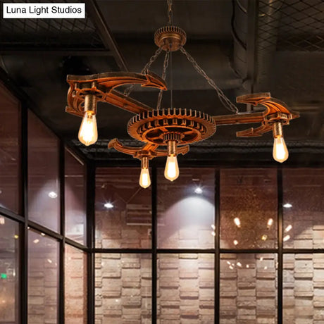 Vintage Antique Bronze Metal Pendant Chandelier With 4 Open Bulbs - Dining Room Ceiling Lighting