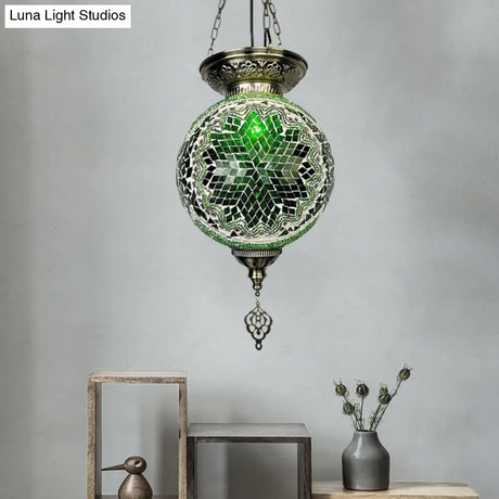 Vintage Art Glass Pendant Light Kit With Globe Design And Stained White/Red/Blue Shades For Dining
