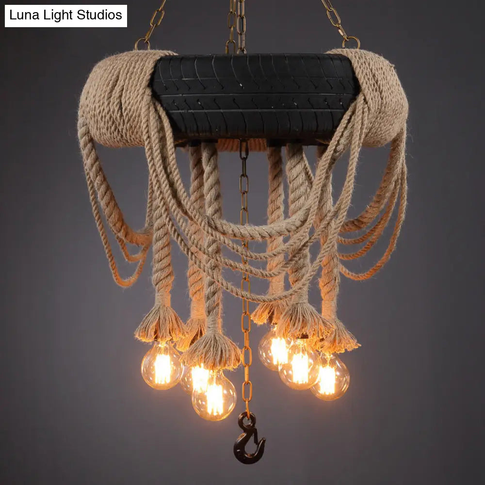 Vintage Automobile Tire Pendant Light For Restaurants - Black Industrial Rope Suspension