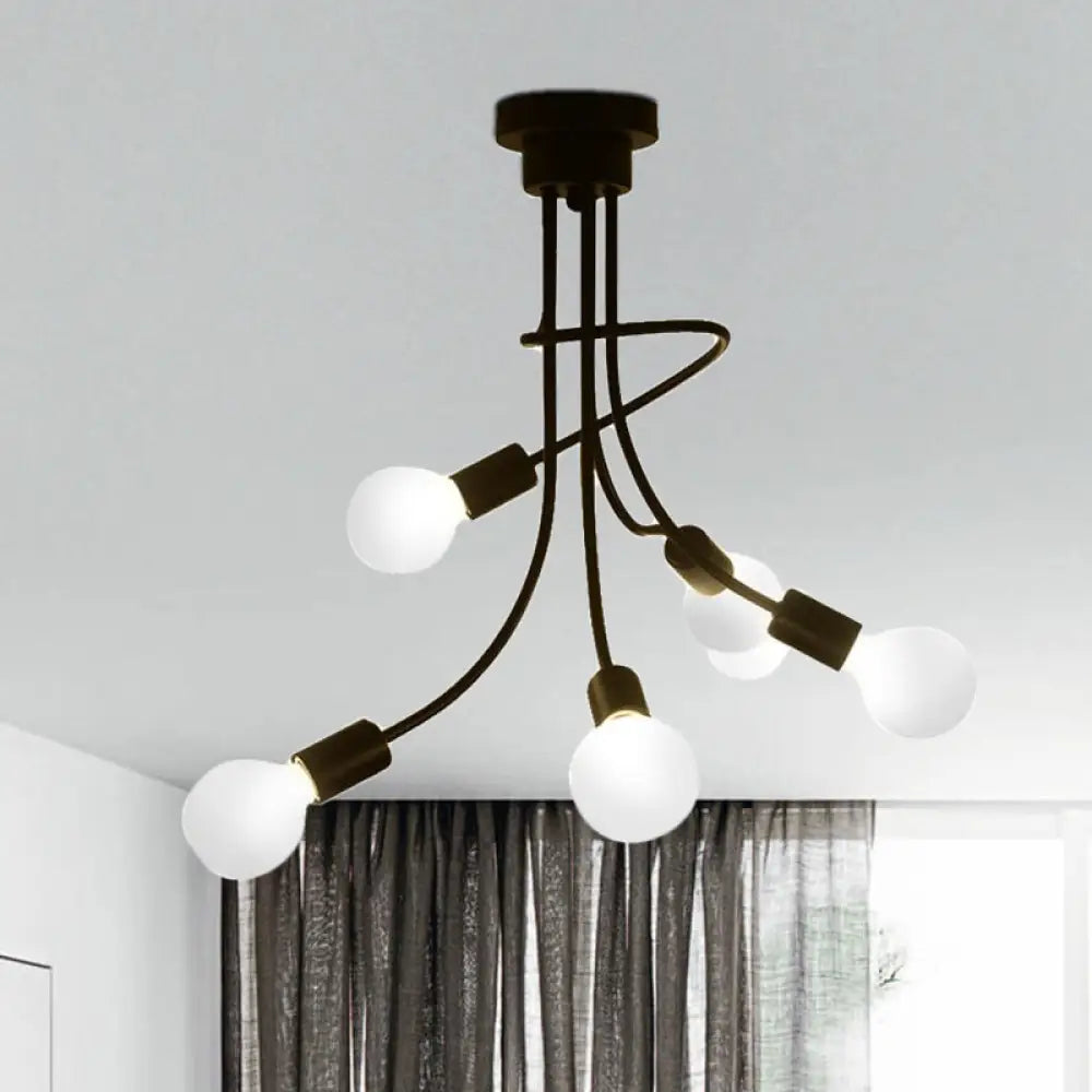Vintage Bare Bulb Ceiling Light - Black/Gold Metallic Semi Flush With Curved Arm For Bedroom Black