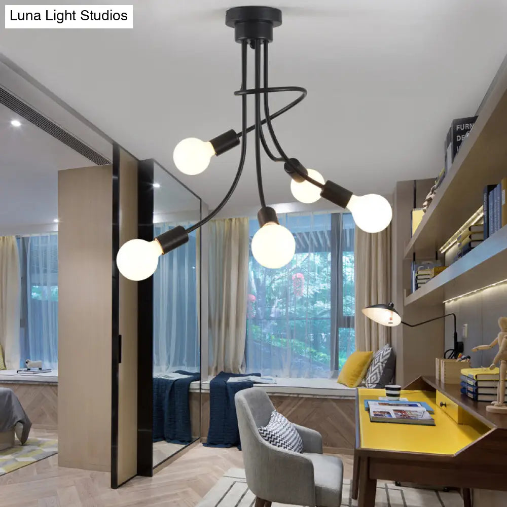 Vintage Bare Bulb Ceiling Light - Black/Gold Metallic Semi Flush With Curved Arm For Bedroom