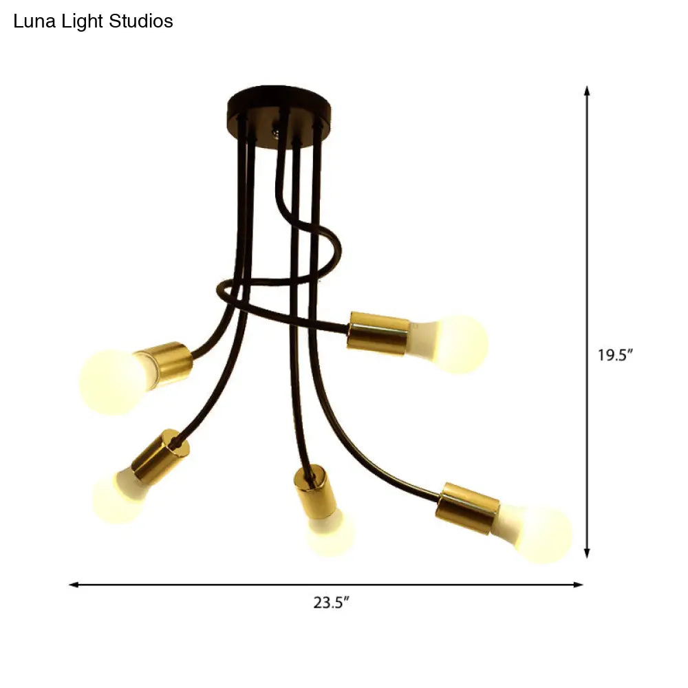 Vintage Bare Bulb Ceiling Light - Black/Gold Metallic Semi Flush With Curved Arm For Bedroom