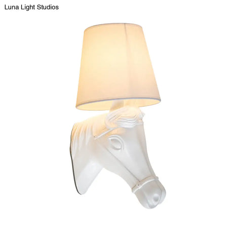 Vintage Barrel Sconce Wall Light With Horse Head Design - White Fabric Lamp Shade 1 Bulb