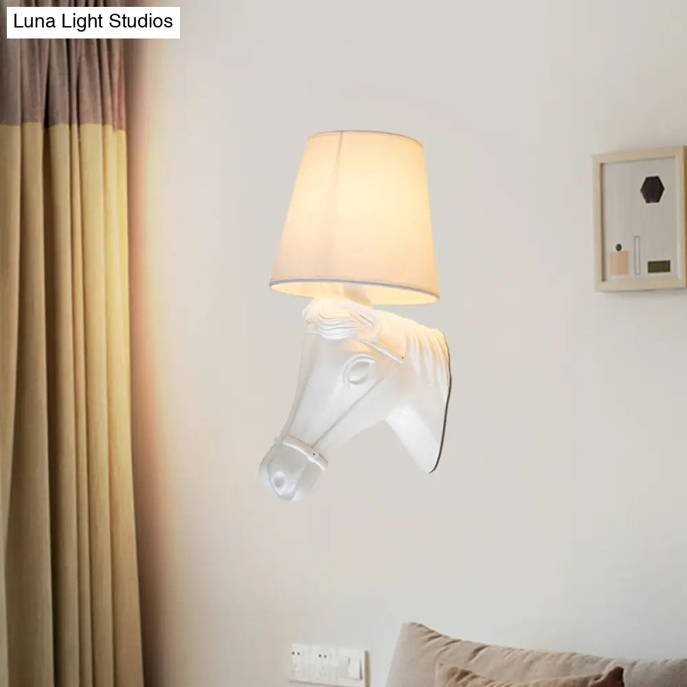 Vintage Barrel Sconce Wall Light With Horse Head Design - White Fabric Lamp Shade 1 Bulb